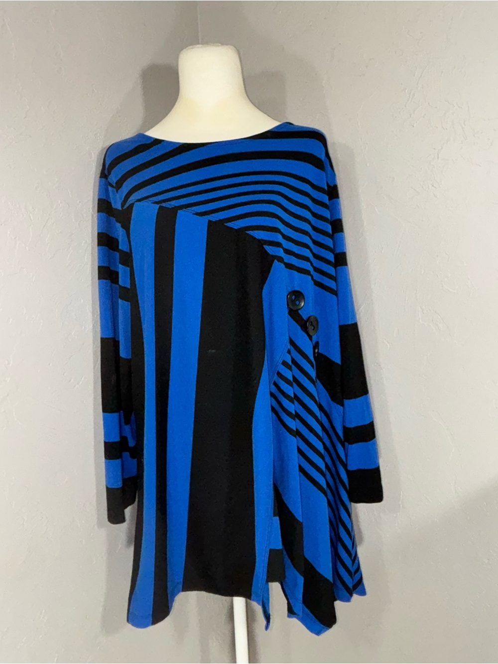 Ali Miles Royal Blue and Black Striped Asymmetric Tunic Top